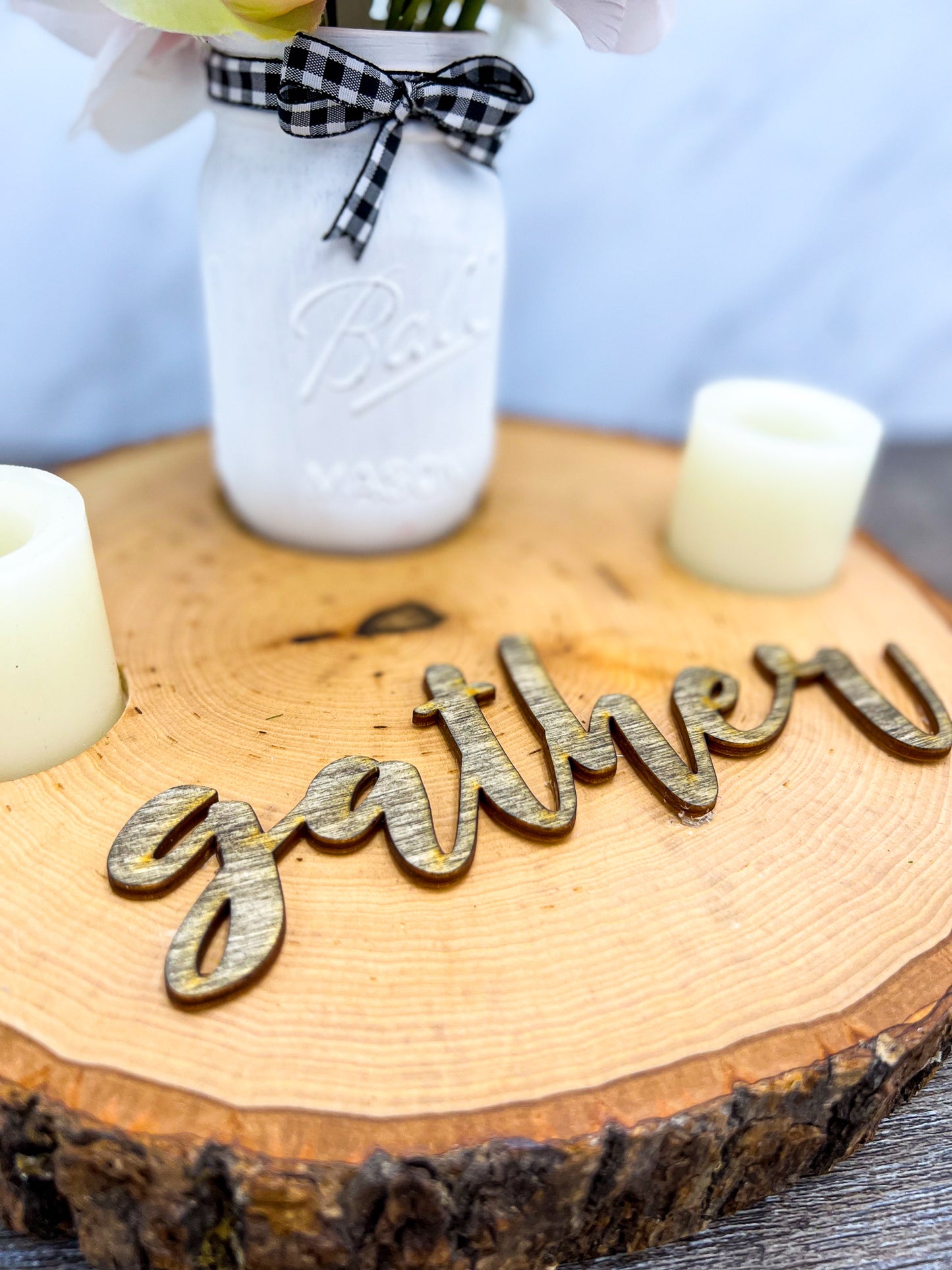 Wooden Center Piece With Mason Jar and Candles