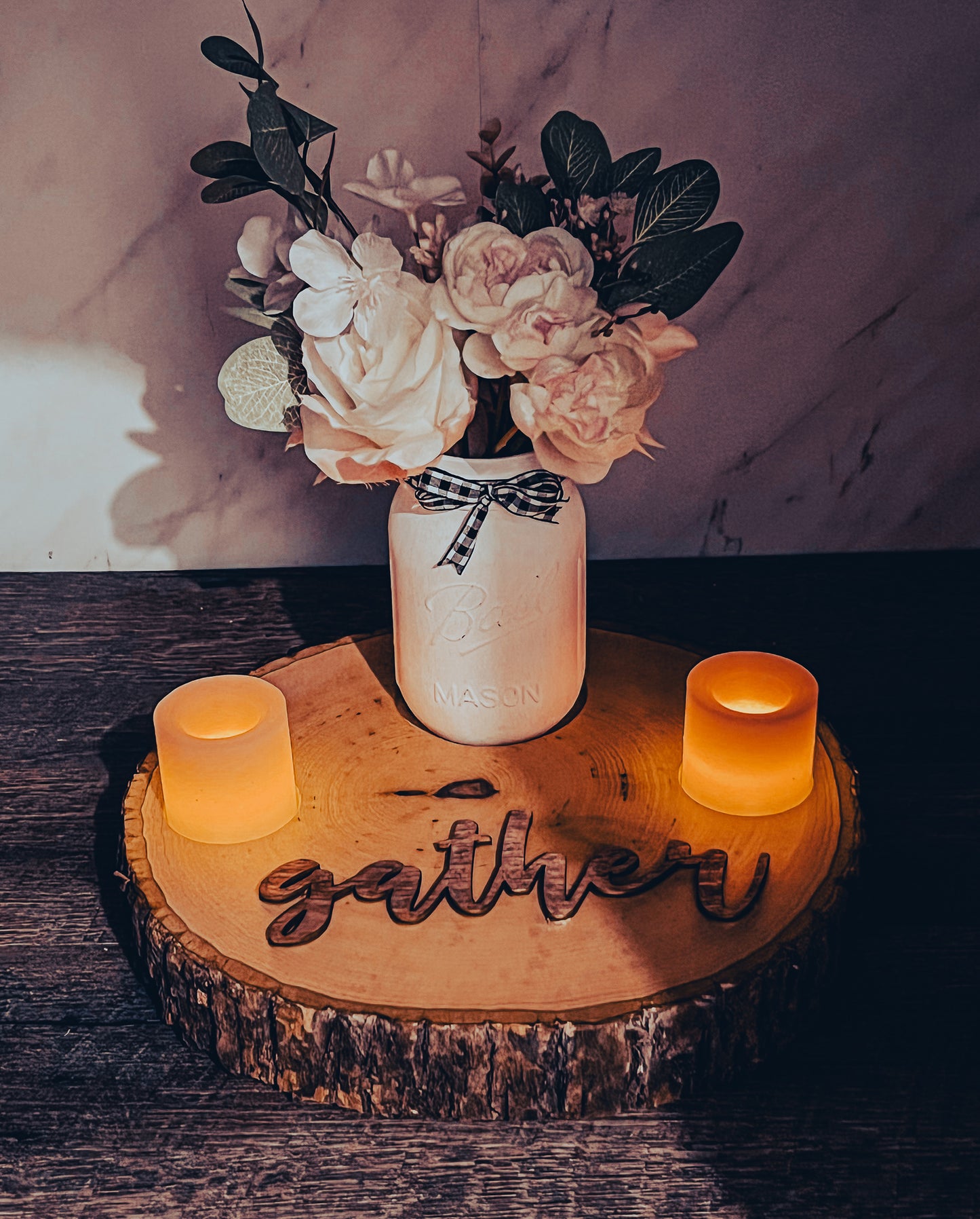 Wooden Center Piece With Mason Jar and Candles