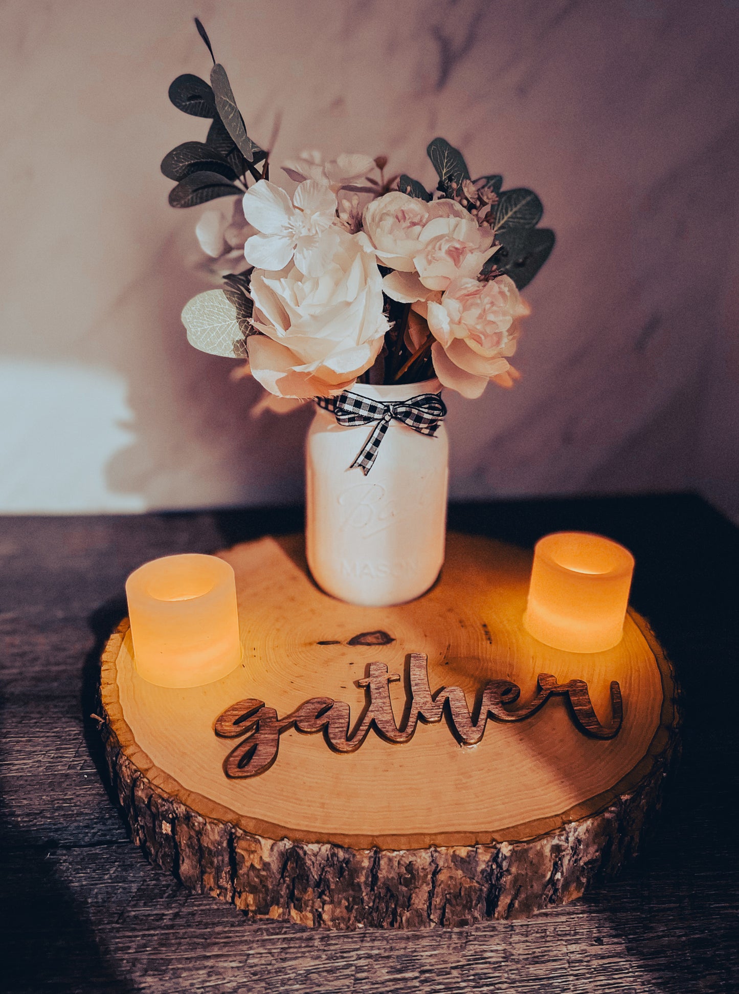 Wooden Center Piece With Mason Jar and Candles