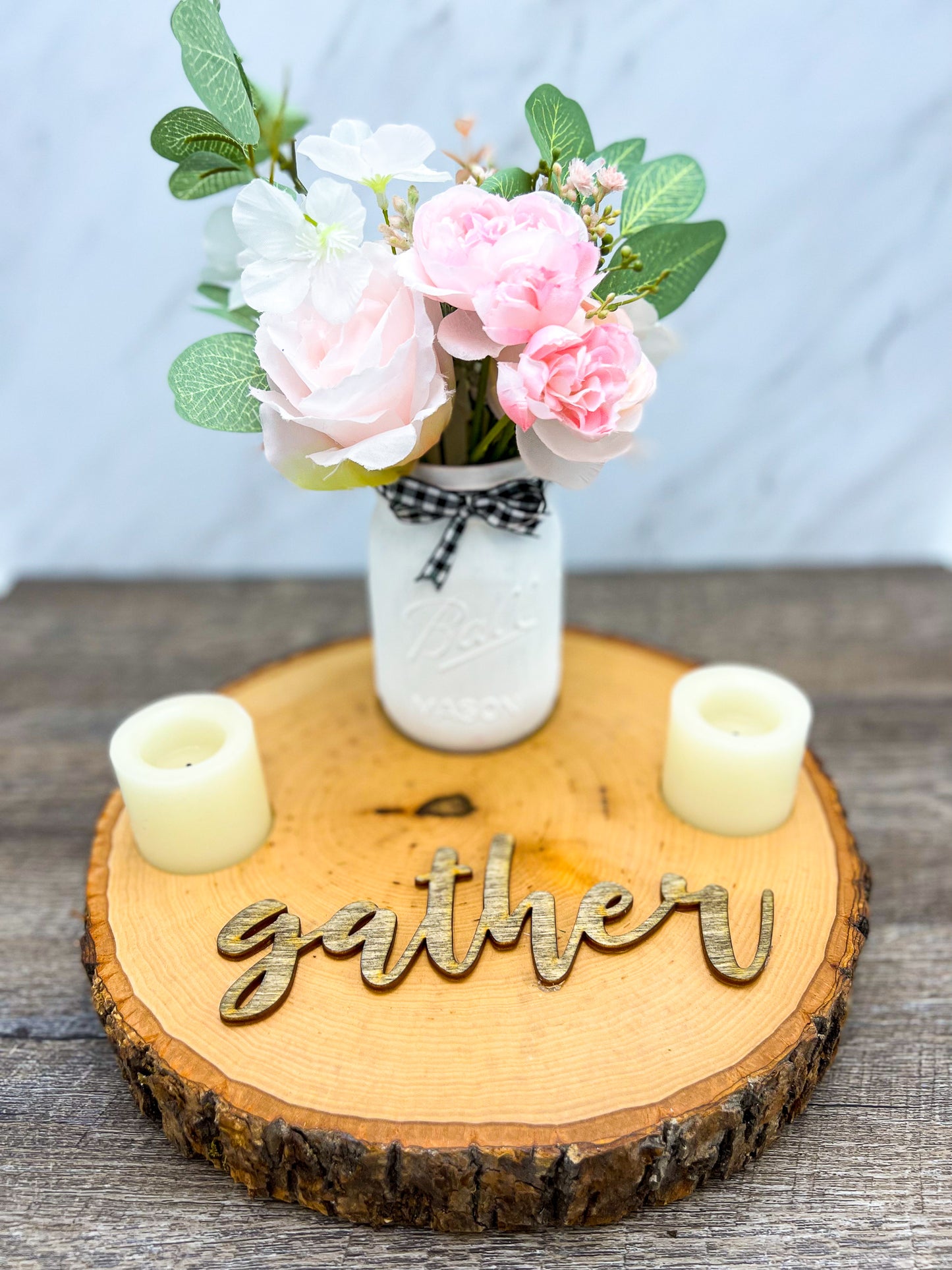 Wooden Center Piece With Mason Jar and Candles